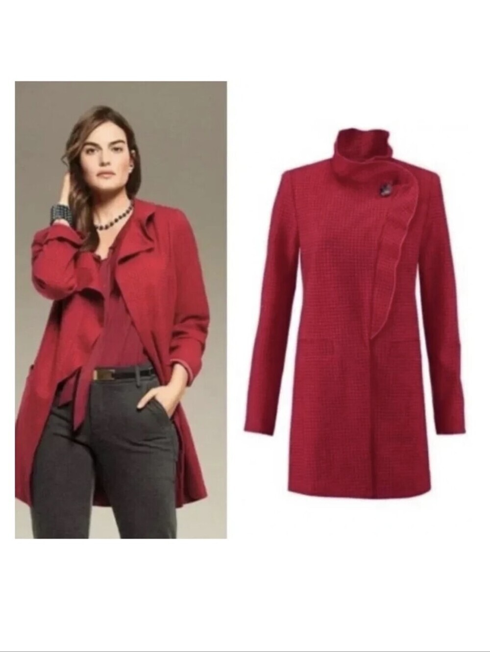 CAbi Red Ruffle-Front Trench Coat